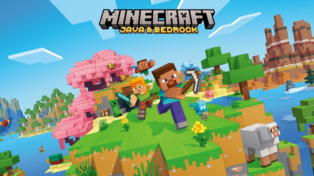 Minecraft Java and Bedrock Edition key art with Steve, Alex, and cherry blossom biomes